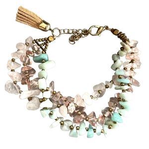 Morganite Chips Crystal Triple Stranded Gold Tone Bracelet Beads Beach Aqua Pink